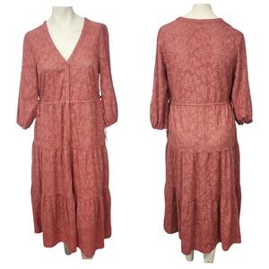 Marine Layer Willow Midi Dress Small Coral Embroidered Tiered Button Front Boho